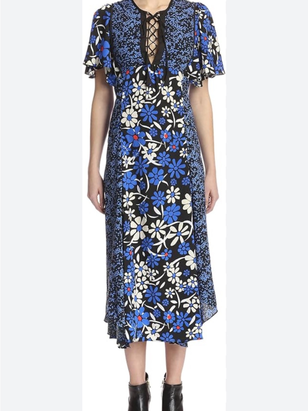 Walter Baker Black and Blue Floral Lace-Up Midi Dress